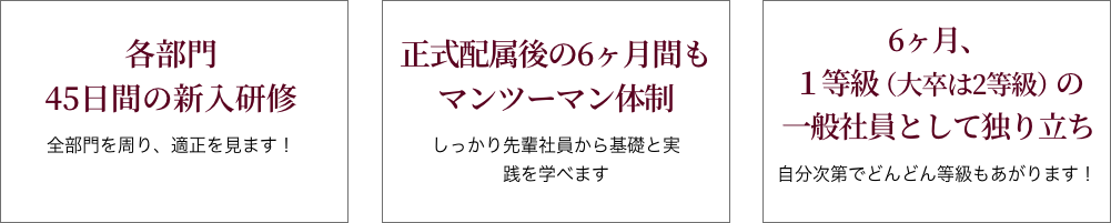 各部門3ヶ月の新入研修_配属後の１年間はマンツーマン体制_１年後、１等級（大卒は2等級）の一般社員として独り立ち